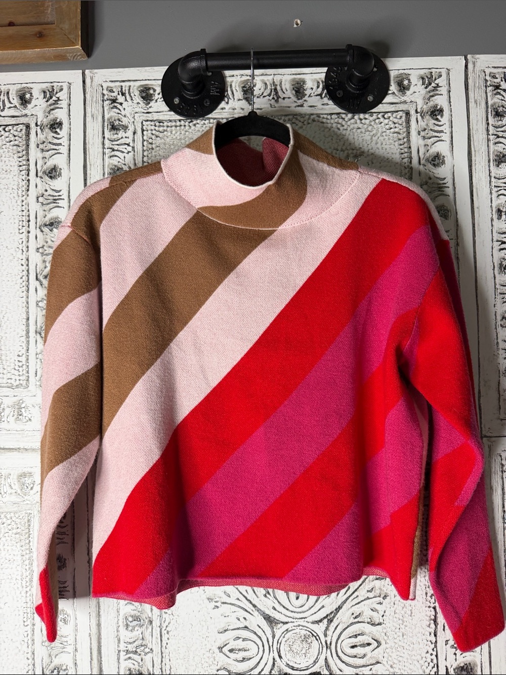 Maeve Striped Mock Neck Sweater in Red, Pink & Brown
